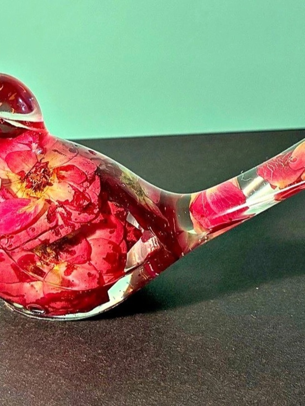 Handcrafted “Crimson Rose Serenade” Botanical Resin Bird Figurine - Small